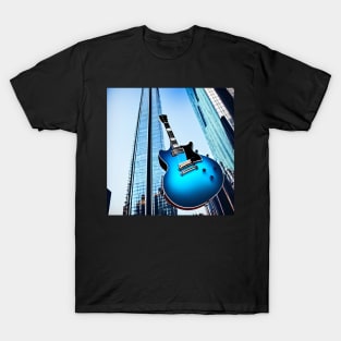 A Blue Guitar Taking An Elevator Up To The Very Top Floor T-Shirt